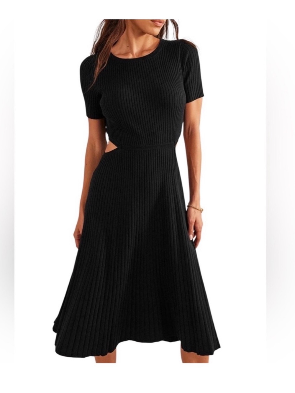 BODEN Cut Out Knitted Black Ribbed Midi Bodycon Dress LBD Short Sleeve size 8R